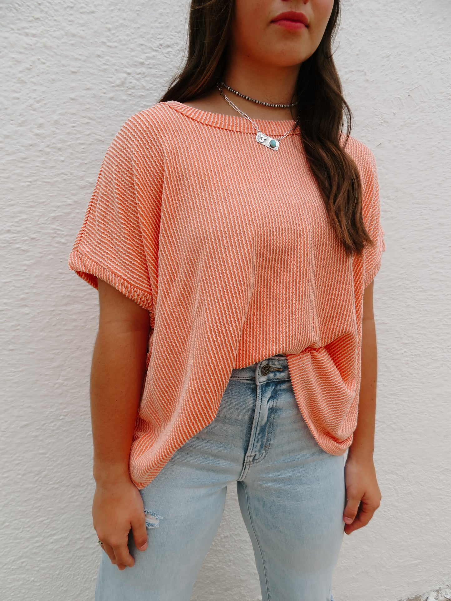 Textured Round Neck Tee Coral