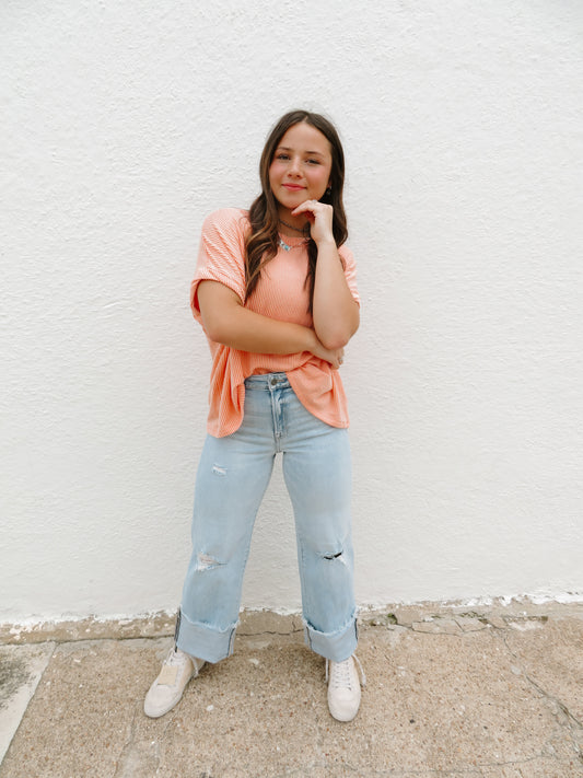 Textured Round Neck Tee Coral